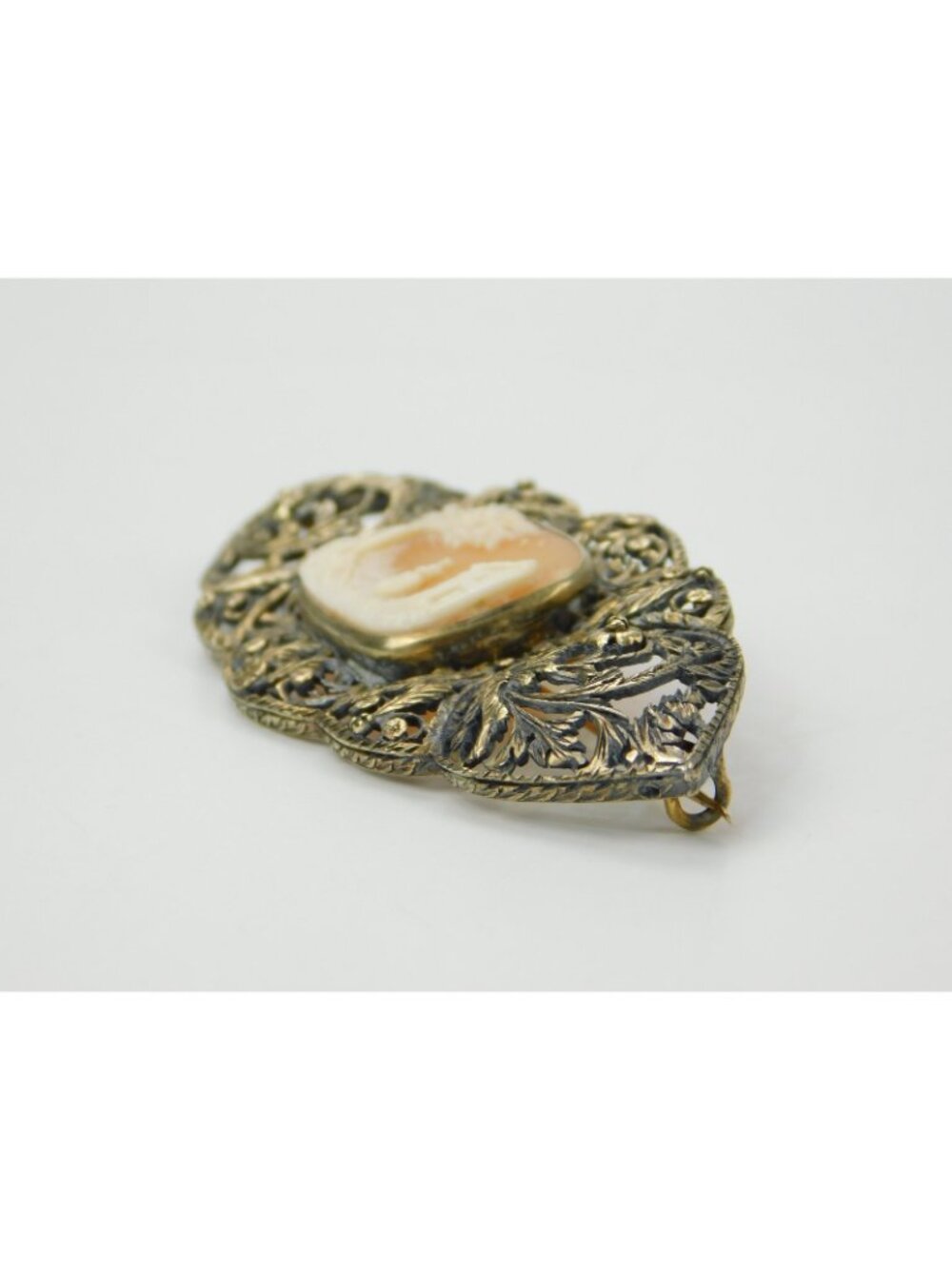 Antique 14k Gold 3.25" Filigree Floral Carved Shell Landscape Cameo Brooch Pin - Picture 11 of 16
